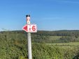 Wegweiser mit der Nummer 6 und 73 vor einer grünen Landschaft.