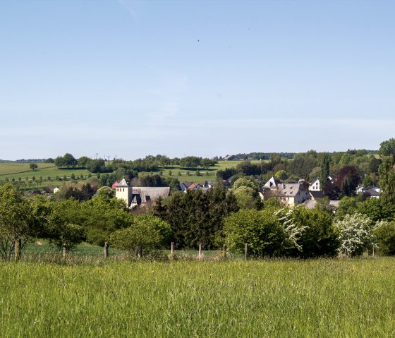 Blick auf Dudeldorf mit grünen Feldern, Bäumen und Dorfgebäuden unter klarem Himmel., © Tourist-Information Bitburger Land_M. Mayer