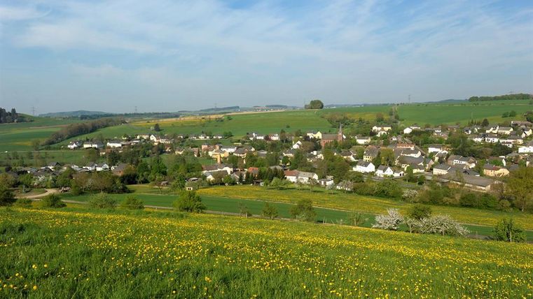 Eine malerische Landschaft mit einem kleinen Dorf in der Ferne. Wiesen mit gelben Blumen und sanften Hügeln umgeben die Gebäude.