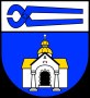 Coat of arms of Idesheim: Above a blue pair of pincers on a white background, below a white chapel with a yellow roof on a blue background., © Gemeinde Idesheim