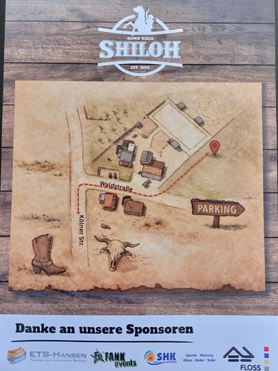 A map with a parking area and the main places in the vicinity. The text thanks the sponsors.