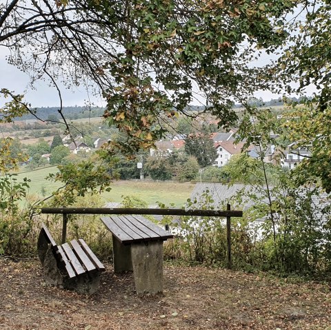 Eine Holzbank unter einem Baum bietet einen Blick auf das Dorf Gransdorf in einer grünen, hügeligen Landschaft., © TI BItburger Land - Steffi Wagner