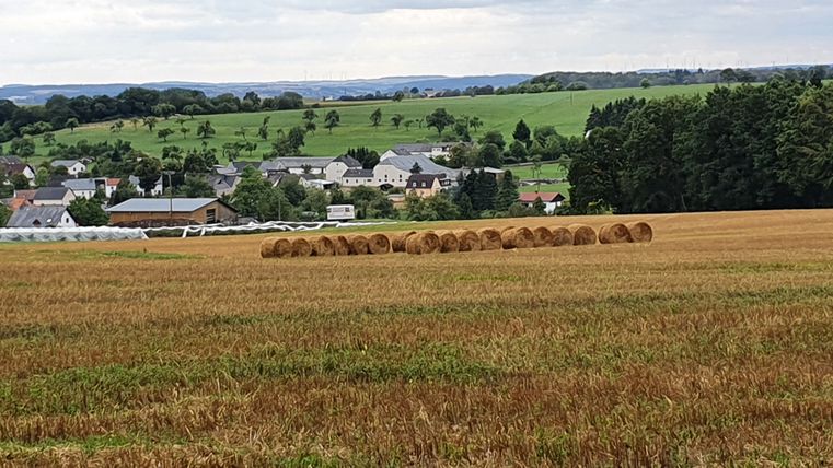 Landschaft mit Strohballen und Dorf im Hintergrund.