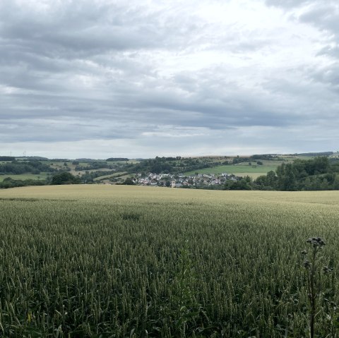 Weite Felder mit einem kleinen Dorf im Hintergrund, umgeben von gr&uuml;nen H&uuml;geln und einem bew&ouml;lkten Himmel., &copy; Daniel K&ouml;hler