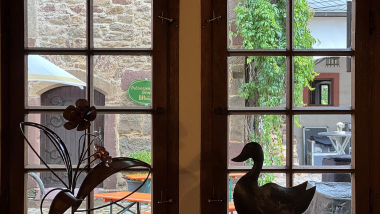 Ein schöner Blick aus einem Fenster mit rustikalen Holzrahmen. Auf der Fensterbank stehen eine Blumenskulptur und eine Entenfigur.