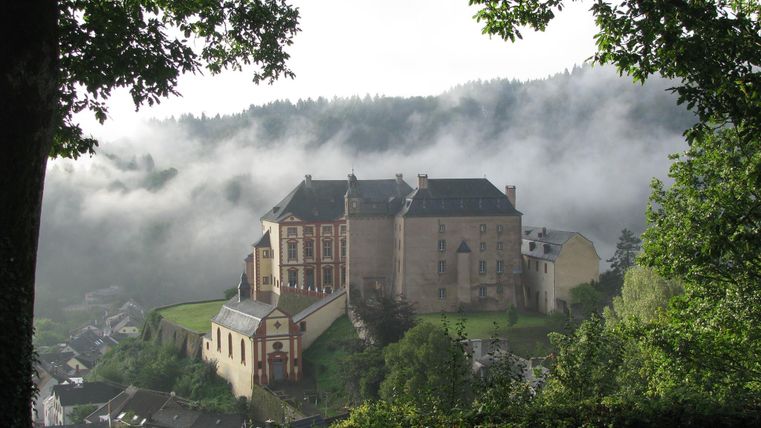 An impressive castle on a hill, surrounded by mist and trees. The landscape appears mystical and idyllic.