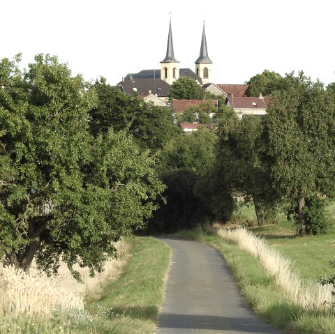 Eine schmale Straße führt durch eine grüne Landschaft mit Bäumen. Im Hintergrund sind die Türme einer Kirche in Idenheim zu sehen., © Thomas Neises
