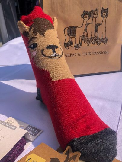 Eine bunte Socke mit einem Llama-Motiv in rot und braun. Im Hintergrund sind weitere Produkte und eine Tasche mit dem Schriftzug "ALPACA. OUR PASSION." sichtbar.