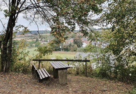 Een houten bank onder een boom biedt uitzicht op het dorp Gransdorf in een groen, heuvelachtig landschap., © TI BItburger Land - Steffi Wagner