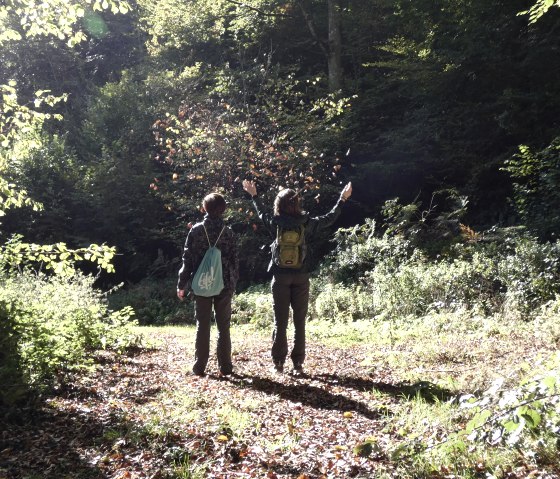 Zwei Personen im Wald werfen Herbstblätter in die Luft. Sonnenlicht fällt durch die Bäume und erzeugt eine herbstliche Atmosphäre., © TI Bitburger Land