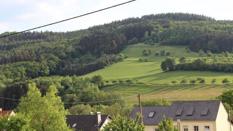 Un paysage vallonné verdoyant avec des forêts denses et des prairies bien entretenues. Au premier plan, on aperçoit quelques maisons.