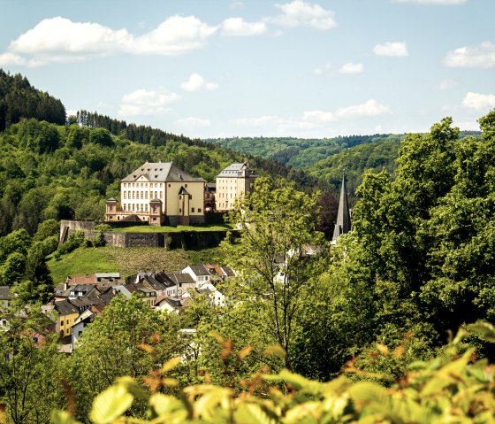 Kasteel Malberg torent majestueus uit boven een dorp, omringd door weelderige bossen en heuvels onder een blauwe hemel met witte wolken., © Tourist-Information Bitburger Land_Monika Mayer