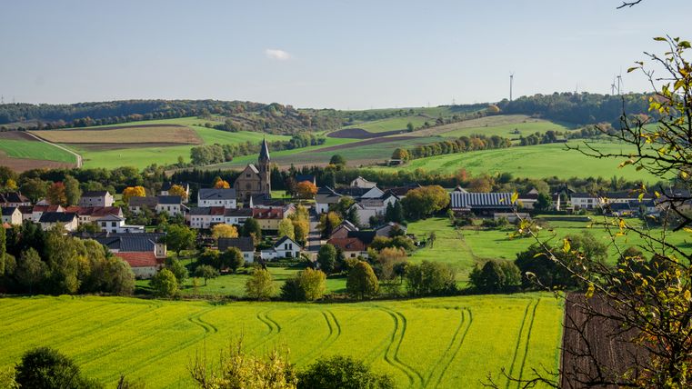 Panoramablick auf das Dorf Alsdorf mit Kirche und umliegenden Feldern.