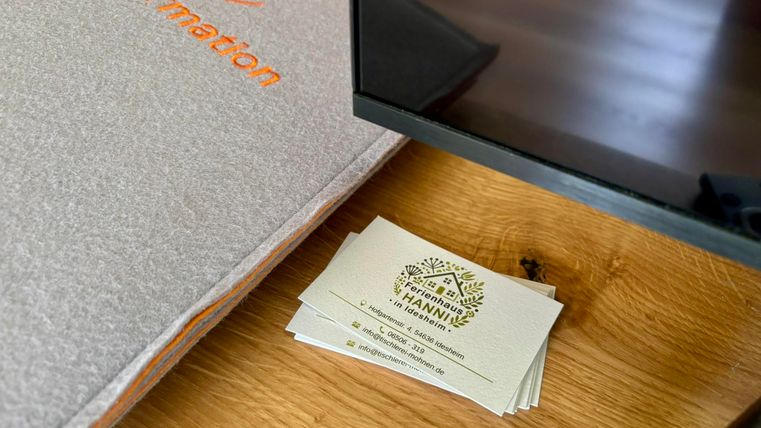 Une table avec un classeur gris informatif et une poignée de cartes de visite. En arrière-plan, un miroir est visible.