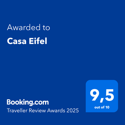 Eine Auszeichnung für Casa Eifel von Booking.com. Die Bewertung beträgt 9,5 von 10 Punkten.