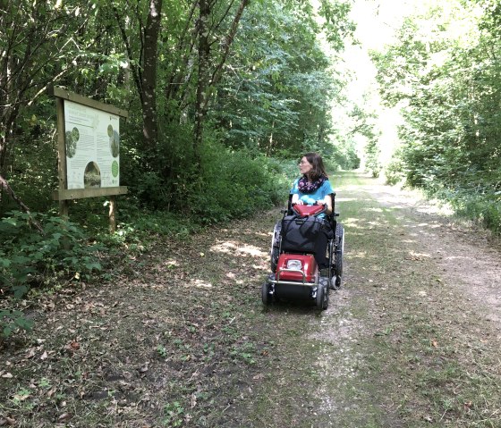 A woman with a Swiss-Trac is driving along a forest path on a nature trail. On the left is an information sign surrounded by dense greenery., &copy; TI Bitburger Land