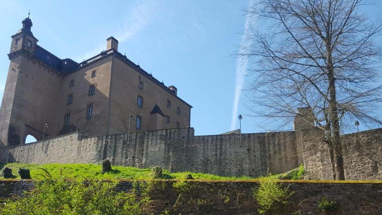 Un château impressionnant sur une colline sous un ciel bleu. Au premier plan, des arbres et un mur sont visibles.
