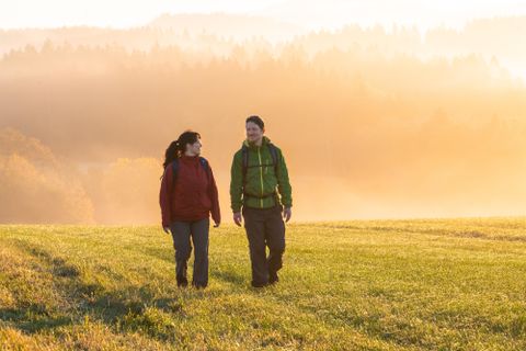 Ein Paar wandert auf einem grünen Feld bei Sonnenaufgang. Die Umgebung ist von sanften Nebelschwaden umgeben und strahlt eine ruhige Atmosphäre aus.