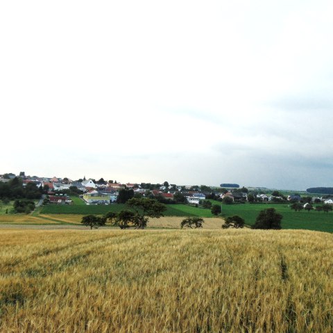 Vaste paysage avec des champs de céréales dorés au premier plan et un village en arrière-plan sous un ciel nuageux., © Conny Meier