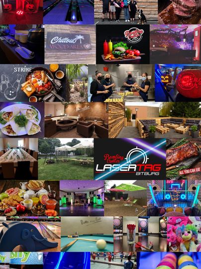 Ein abwechslungsreiches Freizeitangebot mit Bowling, Lasertag und leckerem Essen. Die Bilder zeigen unterhaltsame Aktivitäten in gemütlicher Atmosphäre.