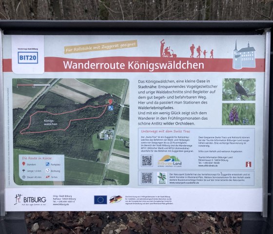 Starttafel der Wanderroute im Königswäldchen Bitburg mit Karte, Infos zur Strecke und Natur. Geeignet für Rollstühle mit Zuggerät., © TI Bitburger Land