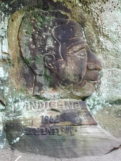 Eine Felsenskulptur eines Gesichts mit der Inschrift "Indigene 1964". Die Statue ist von natürlichem Moos umgeben.
