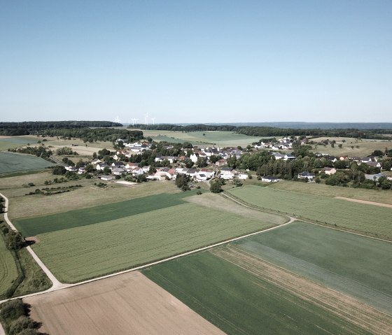 Luftaufnahme von Idenheim, umgeben von grünen Feldern. Im Hintergrund sind mehrere Windräder zu sehen, die sich am Horizont erstrecken., © Ingrid Penning