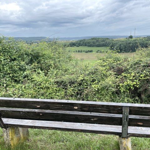 Houten bank met uitzicht op een groen landschap en een bewolkte lucht. Op de achtergrond zijn velden en bomen te zien., © Daniel Köhler