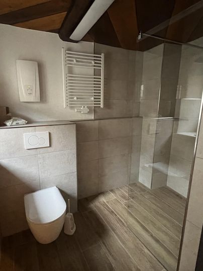 Een moderne badkamer met een douche en een wandtoilet. De wanden zijn licht betegeld en de vloer heeft een houtlook.