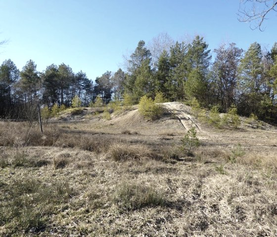Sandiger H&uuml;gel in einer offenen Landschaft, umgeben von B&auml;umen. Der Himmel ist klar und blau., &copy; Eifelverein OG Speicher