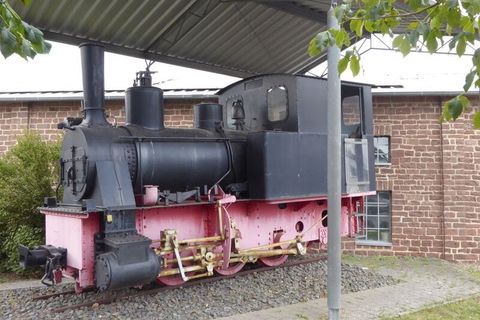 Alte Dampflokomotive unter einem Dach vor einem Backsteingebäude.