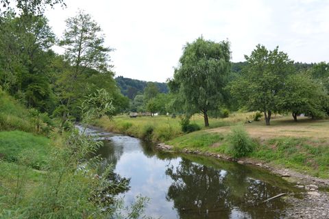 Een kleine rivier stroomt door een groen landschap van bomen en weiden.