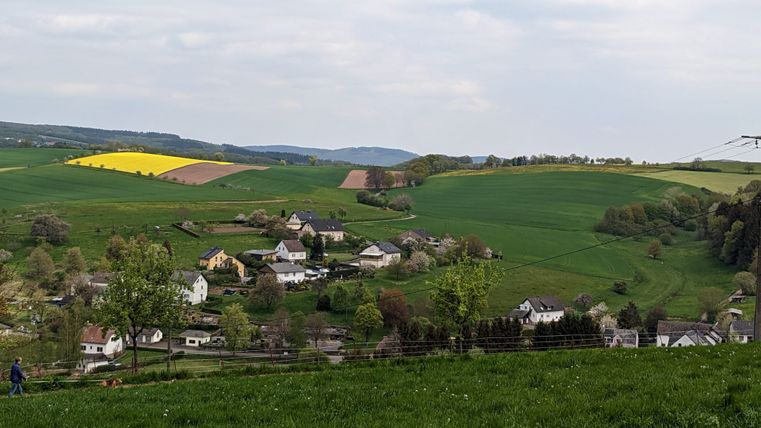 Landschaft mit grünen Feldern, gelbem Rapsfeld und Dorf im Tal.