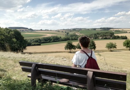 Een persoon met een rode rugzak zit op een bankje en kijkt uit over een weids landschap van velden en bomen onder een blauwe hemel., © TI Bitburger Land