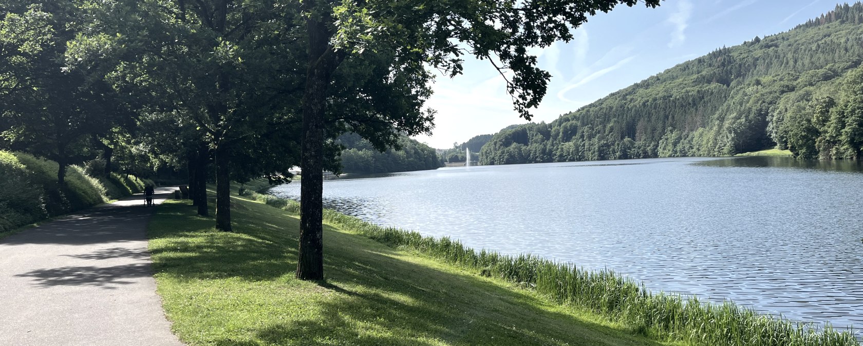 An asphalt path leads along a lake, lined with trees and green grass. The sky is blue with a few clouds., © TI Bitburger Land