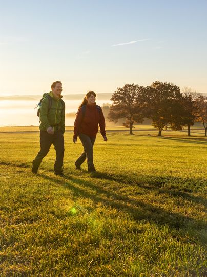 Un couple se promène dans un champ verdoyant au lever du soleil. À l'arrière-plan, on aperçoit des arbres et un paysage brumeux.