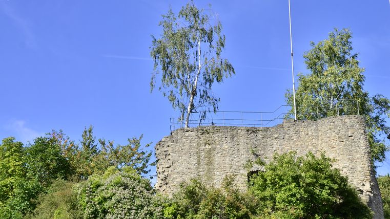 Aussichtsplattform auf der Burgruine Bettingen im Naturpark Südeifel, umgeben von Bäumen und blauem Himmel.