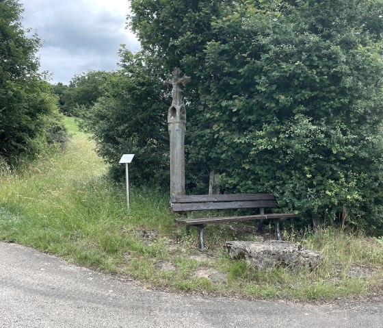 Une croix de chemin et un banc se trouvent au bord d'un chemin, entourés de buissons et d'arbres verts., © Daniel Köhler