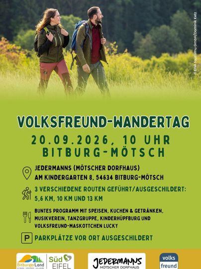 Ein Wanderereignis mit zwei Personen in der Natur. Es gibt verschiedene Routen und ein buntes Programm mit Essen, Musik und Aktivitäten für Kinder.