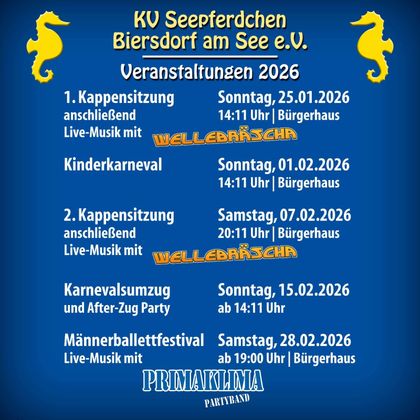 Poster for events of the KV Seepferdchen Biersdorf am See e.V. in 2026. It displays dates and information about various events, including live music and carnival events.