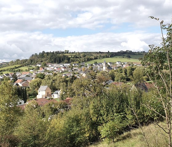 Panoramisch uitzicht op het dorp Oberweis, omgeven door groene heuvels en bomen onder een bewolkte hemel., © TI Bitburger Land, Steffi Wagner