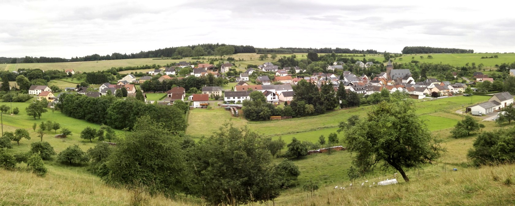 Panoramic view of Gransdorf with houses, green fields and trees under a cloudy sky., &copy; Doris Pauels