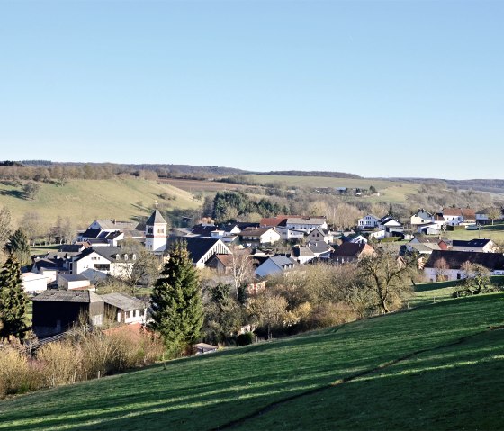 Village in the southern Eifel with a church, surrounded by green meadows and trees under a clear blue sky., © Ti Bitburger Land