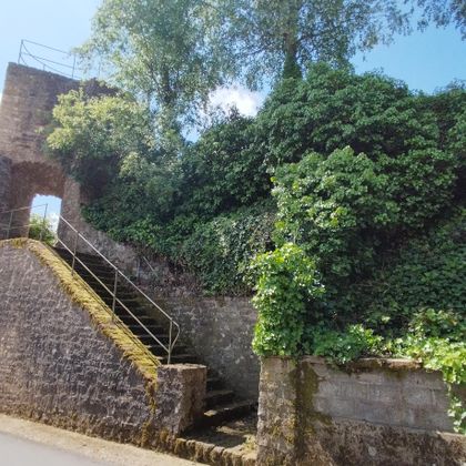 Eine alte Mauer mit einer Treppe, umgeben von üppigem Grün. Der Himmel ist klar und es ist ein sonniger Tag.