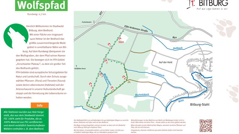 Infotafel des Wolfspfads im Stadtwald Bitburg mit Karte und Informationen.