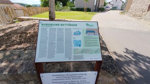 Ein Informationsschild zur Burgruine Bettingen steht an einem Weg. Im Hintergrund sind Häuser und Bäume zu sehen.