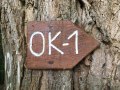 Holzschild mit der Aufschrift 'OK-1' an einem Baumstamm befestigt, zeigt Richtung an., © TI Bitburger Land