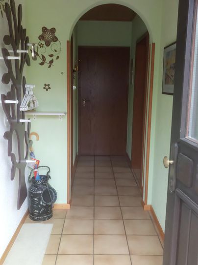 Ein einladender Flur mit einer offenen Tür und einem grünen Wandelement. Rechts sind Türen zu weiteren Räumen sichtbar, die Decke ist aus Holz.