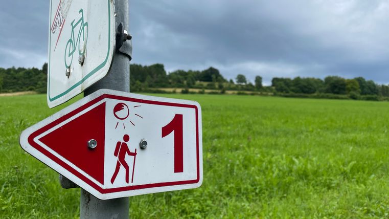 Wanderwegweiser mit der Nummer 1 auf einem Feldweg.
