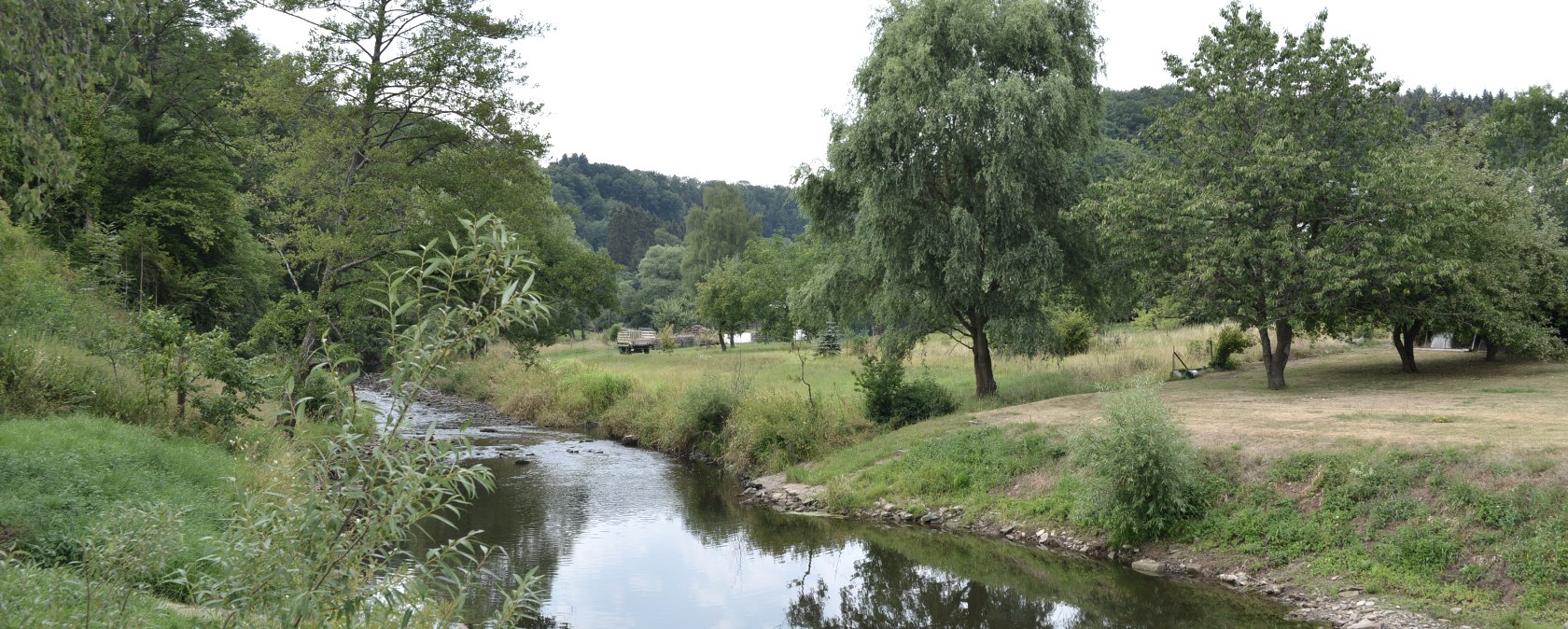 A small river flows through a green landscape of trees and meadows in Wißmannsdorf., © TI Bitburger Land